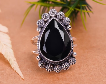 Zwarte onyx sterlingzilveren ring: handgemaakte geoxideerde edelsteen, verstelbaar