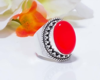 Anillo de plata de ley con coral rojo: joyas ajustables con piedras preciosas oxidadas.
