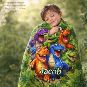 Personalized Dinosaur Blanket: Colorful Dino Kids Throw, Custom Name