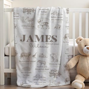May include: A white fleece blanket featuring a repeating pattern of brown line-art illustrations of forest animals, trees, and mountains. The text includes the name JAMES Wilson, the phrase With God Always, and various Bible verses.