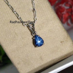 Pear Shape Blue Star Sapphire Necklace, 925 Sterling Silver, 6 Rays Star Gemstone, Dainty Lindy Star Pendant, Gift For Her.