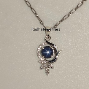 Vintage Blue Star Sapphire Necklace, 925 Sterling Silver, Lab 6 Rays Star Gemstone, Handmade Silver Jewelry, Birthday Gift Necklace