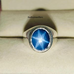 Star Blue Sapphire Ring, Lindy Star Sapphire, 925 Sterling Silver, 6 Rays Star Gemstone, Anniversary Ring, Men&#39;s Gift