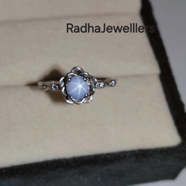 Round White/Blue Star Sapphire Silver Ring, 925 Sterling Silver, Lab Created Ring, Sapphire Ring, Promise Ring, Stackable Ring