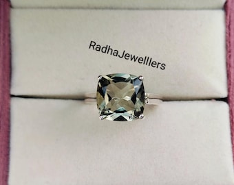 Genuine Green Amethyst Silver Ring, 925 Sterling Silver, AAA quality Amethyst Ring, Cushion Gemstone , February Birthstone, Gifts For Her .