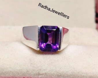 Genuine Amethyst Silver Ring, 925 Sterling Silver, AAA quality Amethyst Ring, Emerald Cut Gemstone , February Birthstone, Gifts For Him .