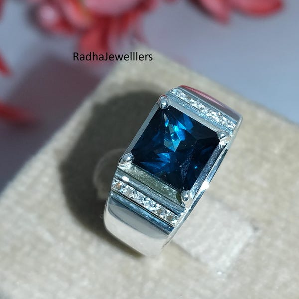 Bague topaze de Londres bleue naturelle, argent sterling 925, bague en argent pour homme, pierre de taille princesse, cadeau de fête des pères, bague d'anniversaire.