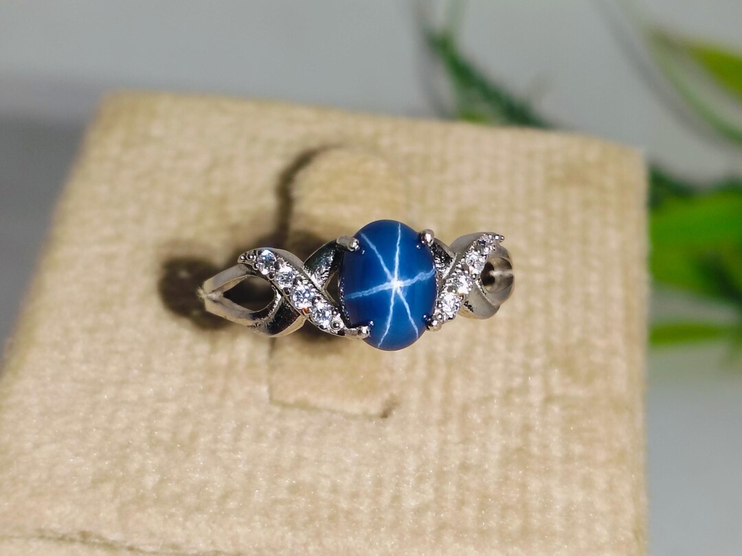 Blue Lindy Star Sapphire Ring, 925 Sterling Silver, Lab Created