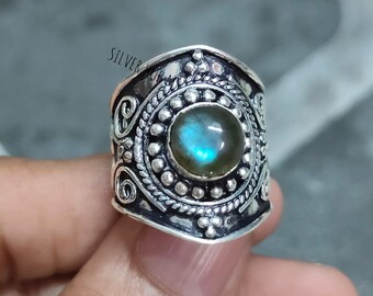 手作りの天然ラブラドライトリング：925スターリングシルバー製宝石