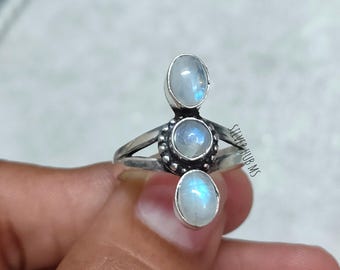 Natural Moonstone Ring-Three Stone Ring-925 Sterling Silver Ring-Unique Design Ring-Handmade Ring-Moonstone Ring-Multi Gemstone Ring-Gifts