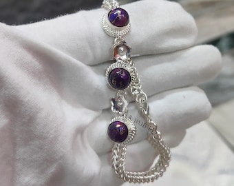 Pulseira de turquesa roxa natural em cobre - Prata de lei 925 - Pulseira de corrente - Feita à mão - Pulseira de corrente com turquesa - Pulseira com três pedras preciosas