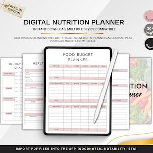 Planificador de nutrición imprimible, registro de comidas y alimentos en PDF, plantilla de diario de bienestar, organizador de salud y dieta, descarga instantánea