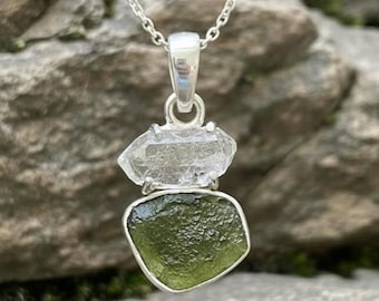 Natural Moldavite & Herkimer Diamond Raw Sterling Silver Finish Handmade Gemstone Pendant