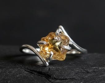 Raw Citrine Crystal Ring, Sterling Silver November Birthstone, Handmade Gemstone Jewelry Gift