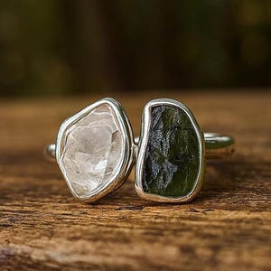 Moldavite & Herkimer Diamond Ring, Handmade 925 Sterling Silver Crystal