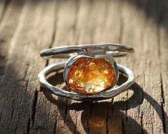 Raw Citrine Double Band Ring, Sterling Silver Handmade Ring, Crystal Gemstone Jewelry