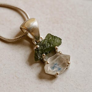 Moldavite & Herkimer Diamond Pendant, Sterling Silver Gemstone Jewelry