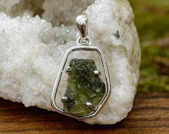 Handmade Raw Moldavite Pendant, Sterling Silver Finish, Boho Jewelry