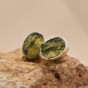 Natural Moldavite Raw Earring, Moldavite Stud Earring For Girls, 925 Sterling Silver, Handmade Oval Shape Earring, Gift For Mom