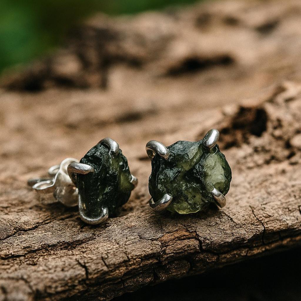 Orecchini A Bottone In Moldavite Naturale Grezza, Argento 925 – Fatti A Mano, Rep. Ceca