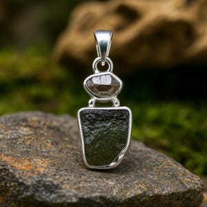 Moldavite & Herkimer Diamond Pendant, Sterling Silver Gemstone Jewelry