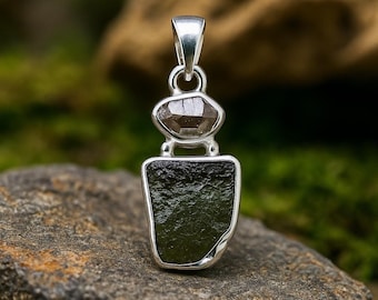 Moldavite & Herkimer Diamond Pendant, Sterling Silver Finish Gemstone Jewelry
