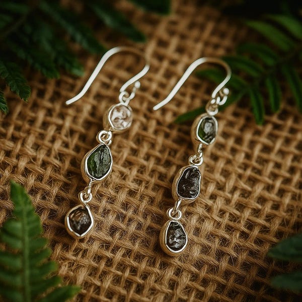 Moldavite Herkimer Meteorite Earrings, Sterling Silver Finish Celestial Jewelry