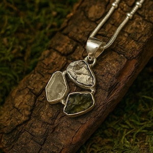 Moldavite Herkimer Meteorite Pendant, Sterling Silver Cosmic Jewelry