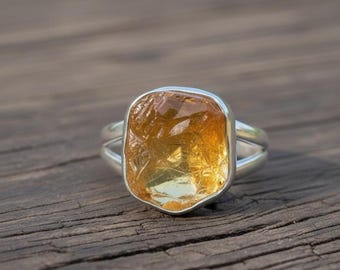 Raw Citrine Double Band Ring, Sterling Silver November Birthstone, Handmade Crystal Gemstone Jewelry