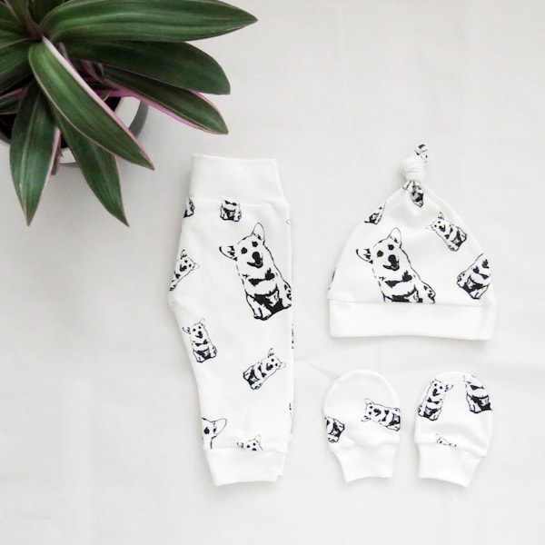 Corgi Dog Image Baby Hat No Scratch Mittens And Leggings Set Made From Organic Cotton, Dog Themed Baby Shower Gift, Newborn Clothes