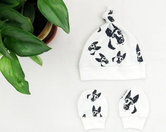 German Shepherd Baby Hat And Scratch Mittens Set, Dog Themed Baby Shower Gift, Organic Cotton Newborn Baby Clothes, Baby Hospital Outfit