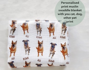 Personalised Baby Muslin Swaddle Blanket With Photo Of Your Dog Or Cat, Baby Shower Gift, Pregnancy Announcement Idea, Custom Newborn Gift