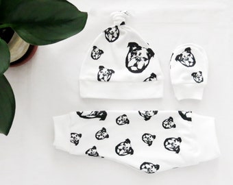 English Bulldog Print Baby Leggings Hat And Mittens Set, Dog Theme Baby Shower Gifts Girls Boys, Organic Cotton Newborn Hospital Clothes