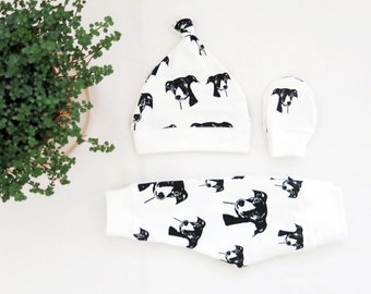 Greyhound Print Baby Leggings Hat And Mittens Set, Organic Cotton Clothes For Newborn Girl Boy, Gender Neutral Baby Coming Home Outfit