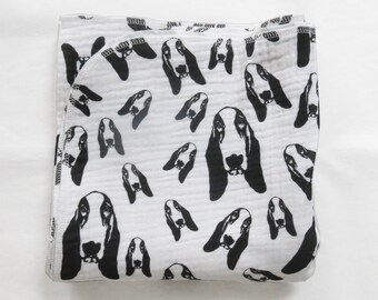 Baby Muslin Swaddle Blanket With Basset Hound Dog Face Made From Organic Fabric, Pregnancy Announcement, 35x35". CLOSING SHOP SALE