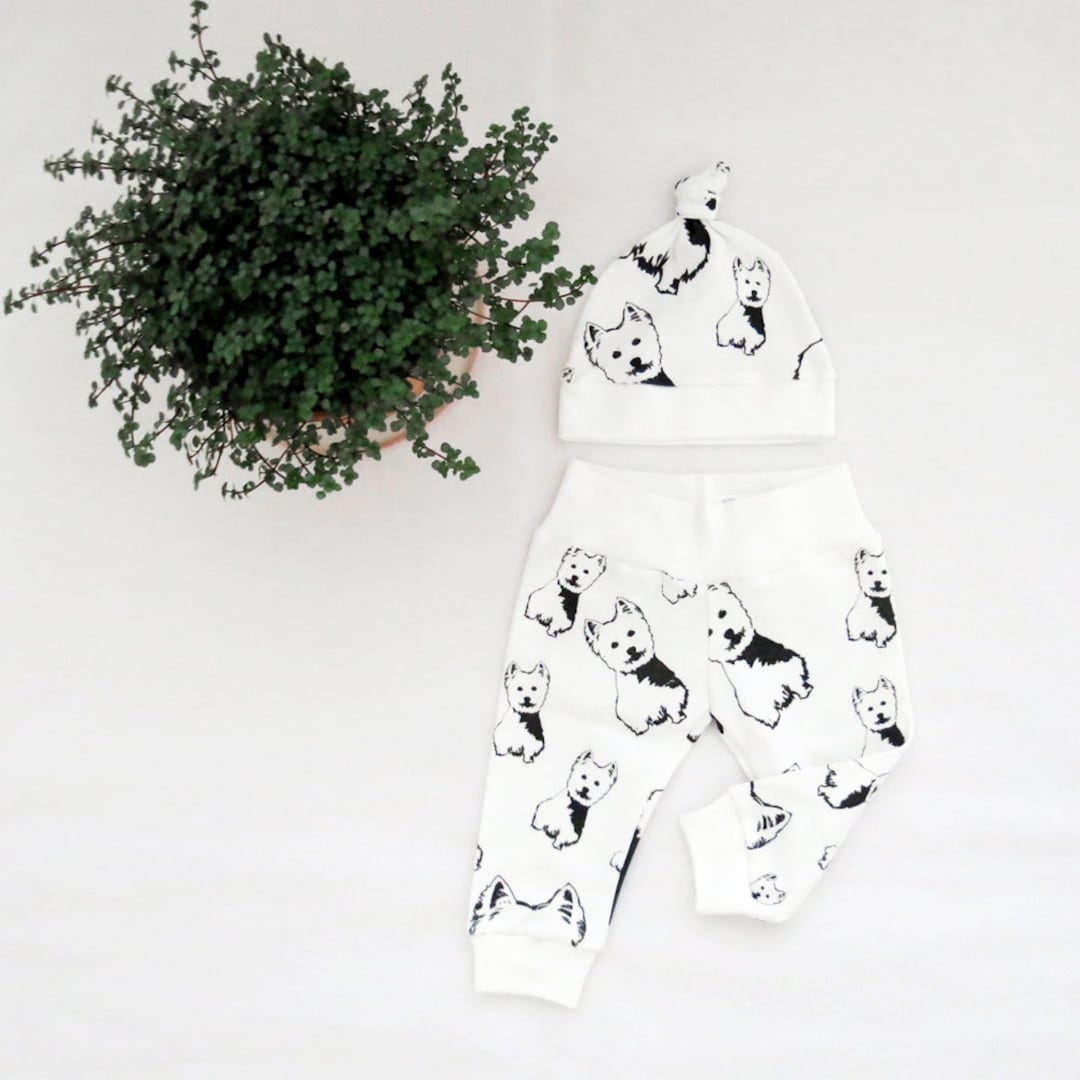 West Highland Terrier Print Baby Leggings and Hat Set, Organic Baby