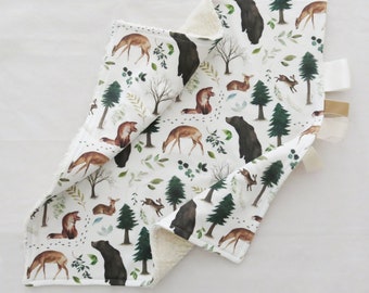 Woodland Animals In The Forest Baby Taggy Blanket Made From Organic Cotton And Plush, Forest Print Baby Lovey, Bunny Bear Fox Baby Shower