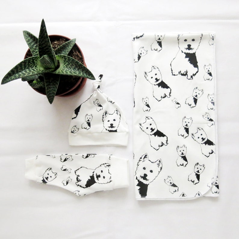 Newborn Set Baby Shower Dog Owner West Highland Terrier Print Swaddling Blanket Organic Cotton Newborn Blanket Pregnancy Gift Dog Lover