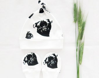 Pug Dog Print Baby Hat And No Scratch Mittens Set Made From Organic Cotton