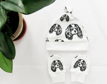 Cavalier King Charles Spaniel Baby Hat And Mittens Set, Organic Cotton Newborn Hospital Clothes, Dog Themed Baby Shower Gift For Girls Boys