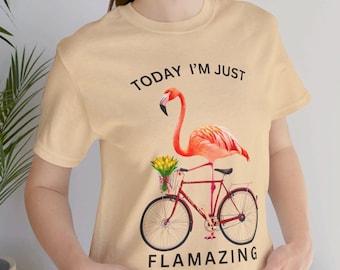 Flamingo Riding Bike Graphic Tee, Summer Bird Lover T-Shirt