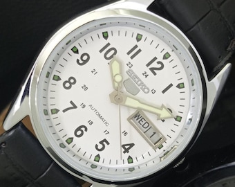 Vintage Refurbished Seiko 5 Automatic 6309a Japan Mens Day/Date White Color Dial Transparent Back Wrist Watch b341-c