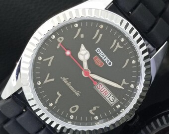 Vintage Refurbished Seiko 5 Automatic 6309a Japan Mens Day/Date Arabic Black Color Dial Transparent back Wrist Watch b215-c