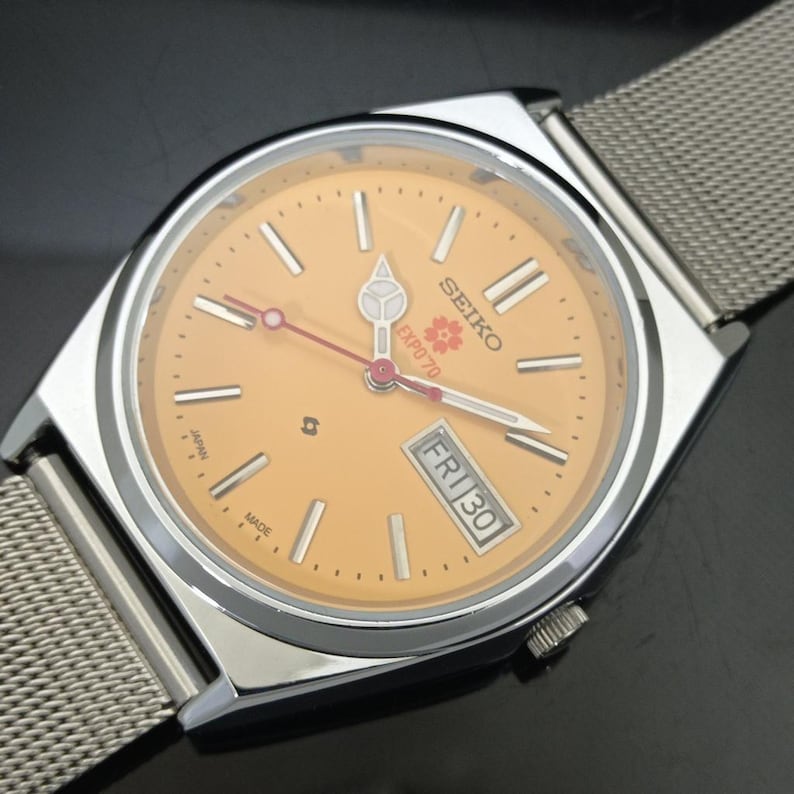 Odnowiony zegarek na rękę Seiko Expo 70 Automatic 6309a z Japonii, męski, z żółtym kolorem tarczy i przezroczystym tyłem, z datą i datą, B281-C zdjęcie 7