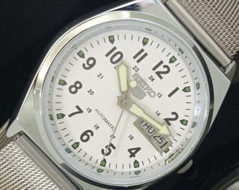 Vintage Refurbished Seiko 5 Automatic 6309a Japan Mens Day/Date White Color Dial Transparent Back Wrist Watch b374-c
