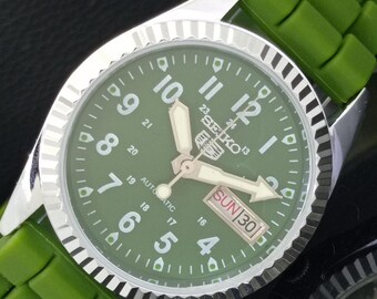 Vintage Refurbished Seiko 5 Automatic 6309a Japan Mens Day/Date Green Color Dial Transparent Back Wrist Watch b318-c