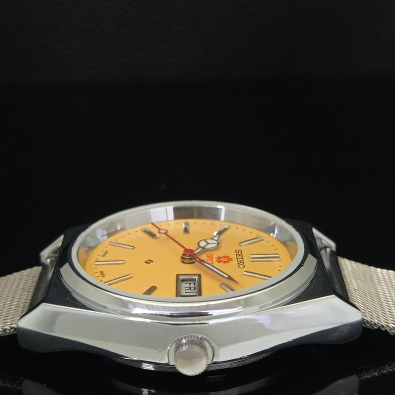 Odnowiony zegarek na rękę Seiko Expo 70 Automatic 6309a z Japonii, męski, z żółtym kolorem tarczy i przezroczystym tyłem, z datą i datą, B281-C zdjęcie 6