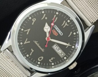 Vintage Refurbished Seiko 5 Automatic 6309a Japan Mens Day/Date Arabic Black Color Dial Transparent back Wrist Watch b91-c