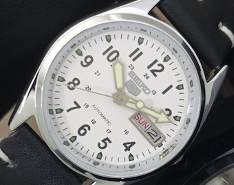 Vintage Refurbished Seiko 5 Automatic 6309a Japan Mens Day/Date White Color Dial Transparent Back Wrist Watch b346-c