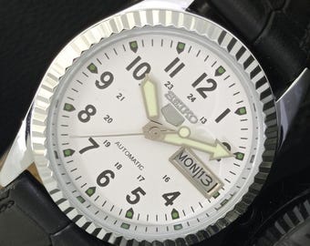 Vintage Refurbished Seiko 5 Automatic 6309a Japan Mens Day/Date White Color Dial Transparent Back Wrist Watch b321-c